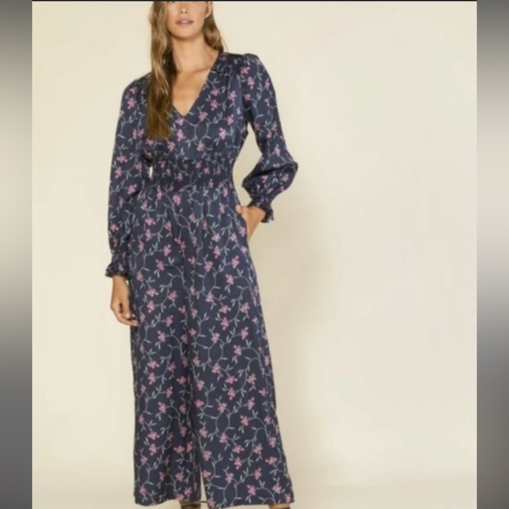 Outerknown Navy and Pink Floral Print Silk Jumpsuit Women’s small